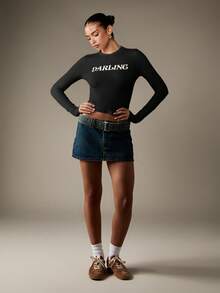 MISSGUIDED Long Sleeve Darling Slogan Baby Tee Fitted Crop Top Round Neck Letter Print Statement Shirt - Black - View 3