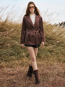 Chiquease Women's Autumn/Winter Outerwear Bohemian Suede Print Cinched Waist Jacket Brown Blazer Women - Brown - View 8