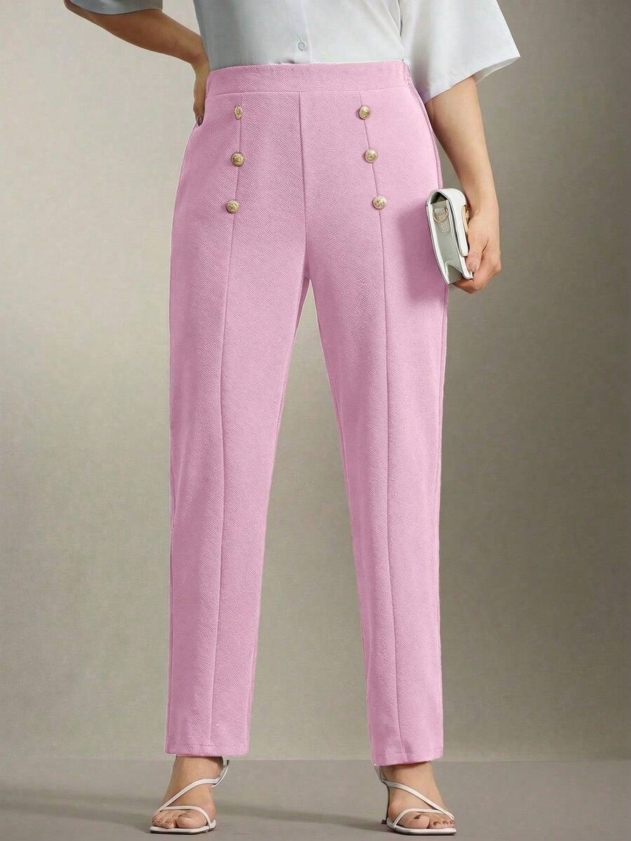 Flouryn 大码双金属装饰纽扣直筒裤，通勤和外出穿着优雅得体 - 粉色 - 查看 1