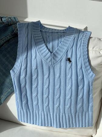 Comfortcana 女士休闲V领针织骑士图案背心，秋季