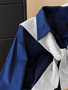 Resyla 女士披肩领收腰长袖衬衫裙，时尚百搭，适合度假和聚会 - 藏蓝色 - 查看 4