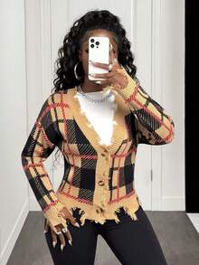 BamGleam Áo khoác cardigan nữ, tay dài, cổ chữ V, cài nút, họa tiết kẻ caro, trang trí tua rua, phong cách đường phố giản dị nhưng thanh lịch, mùa đông dành cho nữ, mùa đông, áo khoác mùa đông nữ. - Cà phê nâu - Xem 5