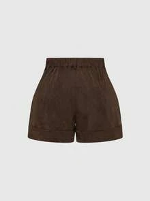 ROMWE Fairycore Quần short nữ cỡ lớn bằng vải nhung kẻ thêu hình bướm, đa năng cho mùa thu/đông. - màu nâu - Xem 3