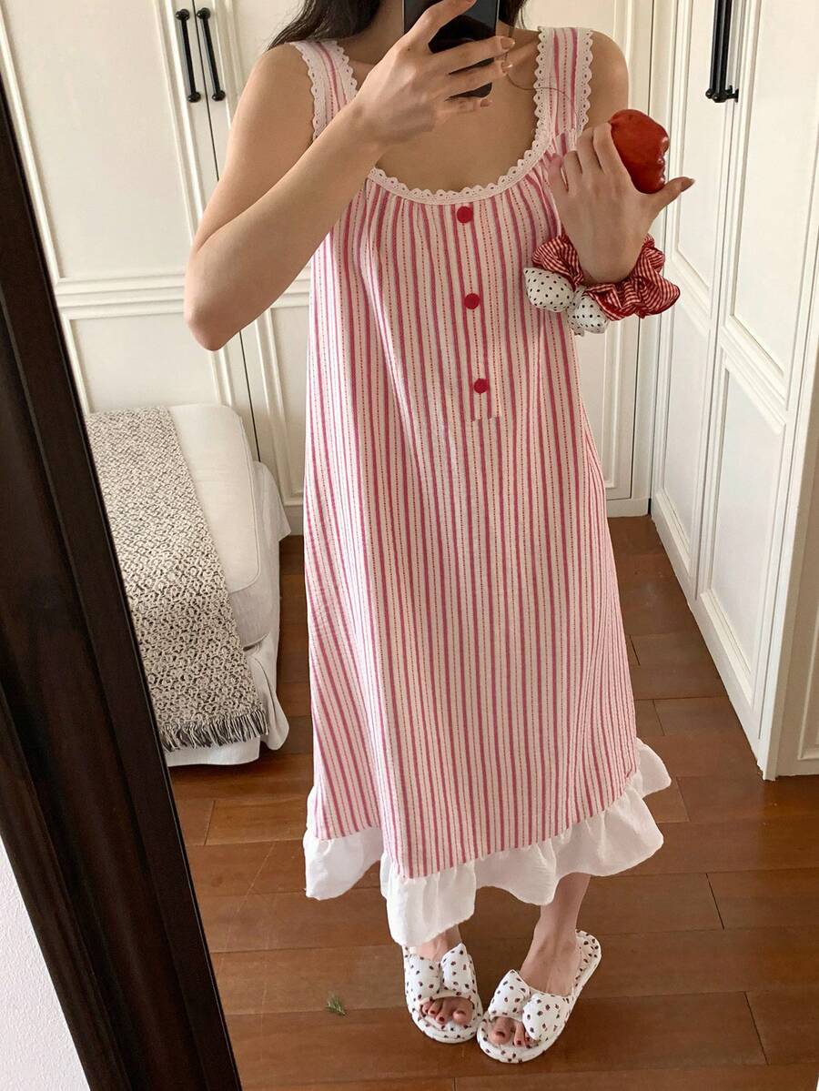 DAZY Striped Ruffle Trim Adjustable Strap Midi Nightgown For Women - Red - View 1