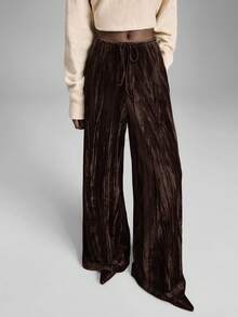 Ontre 女士多功能丝绒面料舒适柔软直筒裤，前褶设计，弹性腰带，适合通勤、商务、休闲、办公穿着，优雅百搭，也适合圣诞节、新年派对和聚会等场合。 - 棕色 - 查看 6