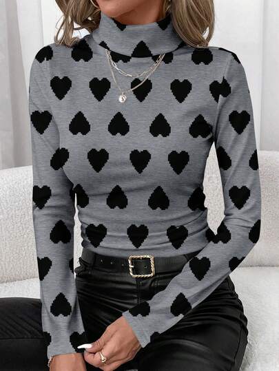 SHEIN Clasi Camiseta de cuello alto de capa base con estampado de corazón de ambiente de Día de San Valentín y Año Nuevo, estilo minimalista casual para mujer, adecuada para combinar, uso al aire libre, en casa y para ir al trabajo, elegante