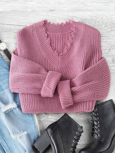Franclia Loose Retro Casual V-Neck Chunky Knit Sweater For Women