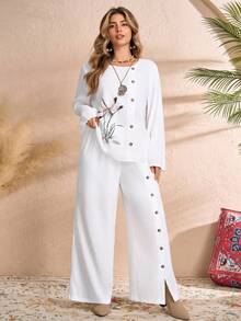 Rusticease Women's Plus Size Two Pieces Set White Textured Round Neck Single Breasted Decor Long Sleeve And Pants,Autumn Smart Casual Everyday Winter Clothes - White - View 3