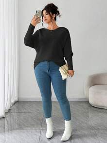 Elenzga Suéter holgado y suelto con hombros descubiertos de manga larga y talla grande para mujer, adecuado para usar como prenda exterior en invierno - Negro - Ver 4