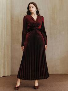 Anewsta 优雅女士长袖褶裥扭腰针织连衣裙，适合秋季、冬季、夏季、春季、新年、派对、婚礼等场合。 - 紅色 - 查看 3