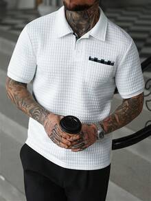 Manfinity Homme Men's Summer Casual Daily Commute Plaid Print Pocket Textured Fabric Short Sleeve Polo Shirt Men Shirts Polo White Polo Shirt Mens Golf Shirt - White - View 5