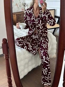 Dream Adore 蝴蝶结星形印花翻领长袖睡衣套装 - 酒紅色 - 查看 6