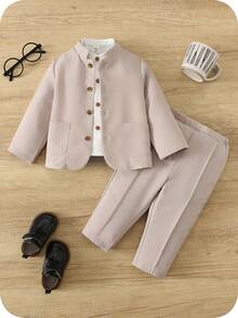 SHEIN 2 piezas Conjunto informal de estilo caballero para niño, incluye chaqueta blazer beige y pantalones formales, adecuado para ocasiones formales, fiestas de cumpleaños, raves, galas, actuaciones, bodas, baby showers y celebraciones del 1er cumpleaños - Multicolor - Ver 2