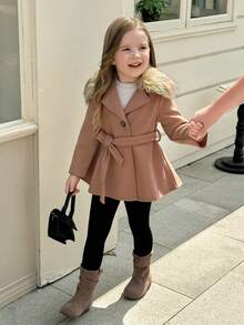 SHEIN Elladie kids 年輕女孩毛絨裝飾連帽系腰帶大衣（無毛衣） - 駝色 - 查看 4