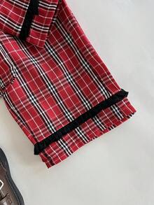 SHEIN 2pcs Baby Girl Cute Sweet Preppy Vintage Fashion Red Plaid Tartan Checkered Pattern Black Bow Knot Decor Ruffle Trim Long Sleeve Lapel Collar Button Down Shirt Blouse Tops And Elastic Waist Pants Trousers Two Pieces Outfit Sets Sleepwear Pajamas Soft Clothes For Christmas Holiday New Year Party Photo Shoot Daily Wear Fall Autumn Winter - Red - View 7