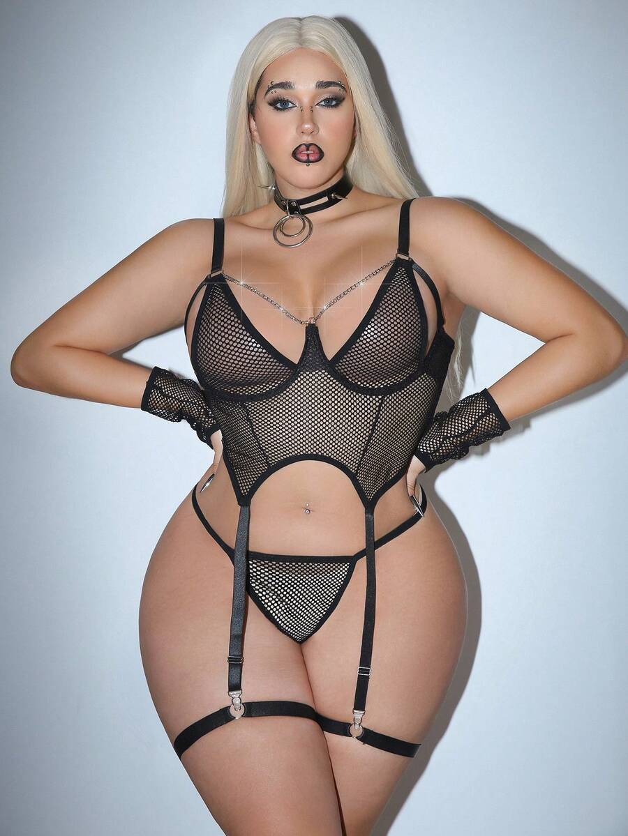 SHEIN Conjunto de 6 piezas de lencería sexy de talla grande con rejilla clásica, parte delantera calada y sujetador con aros - Negro - Ver 1