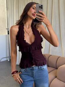 Aloruh Romantic Date/Vacation Ruffle V-Neck Sleeveless Knit Tank Top, Solid Purple Color, Casual & Work Appropriate Y2K Style - Purple - View 8