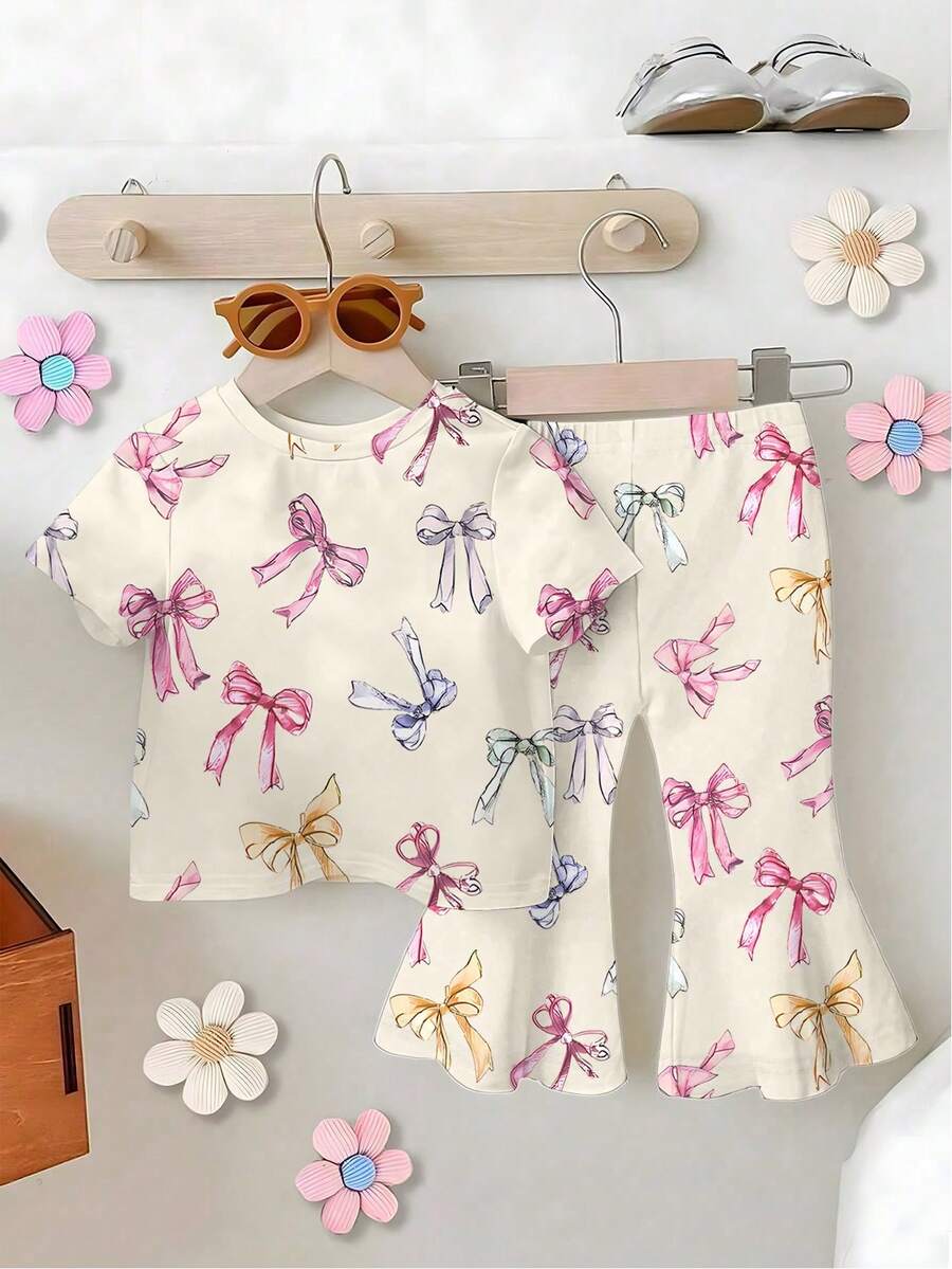 SHEIN Playful Pals Baby Girl Short Sleeve Round Neck T-Shirt And Pants Fashion Summer Outfit Set