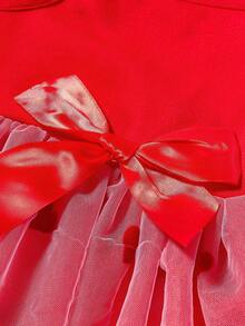 PETSIN 1件可爱宠物情人节红色针织拼接爱心植绒网纱蝴蝶结装饰甜美狗狗连衣裙