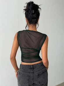 Siren Gaze Áo cổ tròn xếp nếp lưới, Áo cánh lưới mỏng, Áo khoác ngoài, Nữ - Màu xanh lá cây đậm - Xem 2