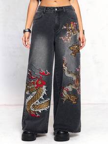 ROMWE Quần jean ống đứng dáng dài Y2K cỡ lớn, thêu họa tiết Trung Hoa mới của J-FASHION - màu đen - Xem 7