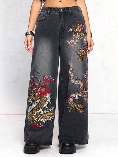 J-Fashion Nouveaux jeans droits extra longs de style chinois brodés, délavés et usés, style Y2K