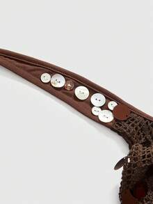 ROMWE Hippie 女士复古度假风嬉皮音乐节镂空性感串珠面料露背系带荷叶边露脐上衣 - 棕色 - 查看 4