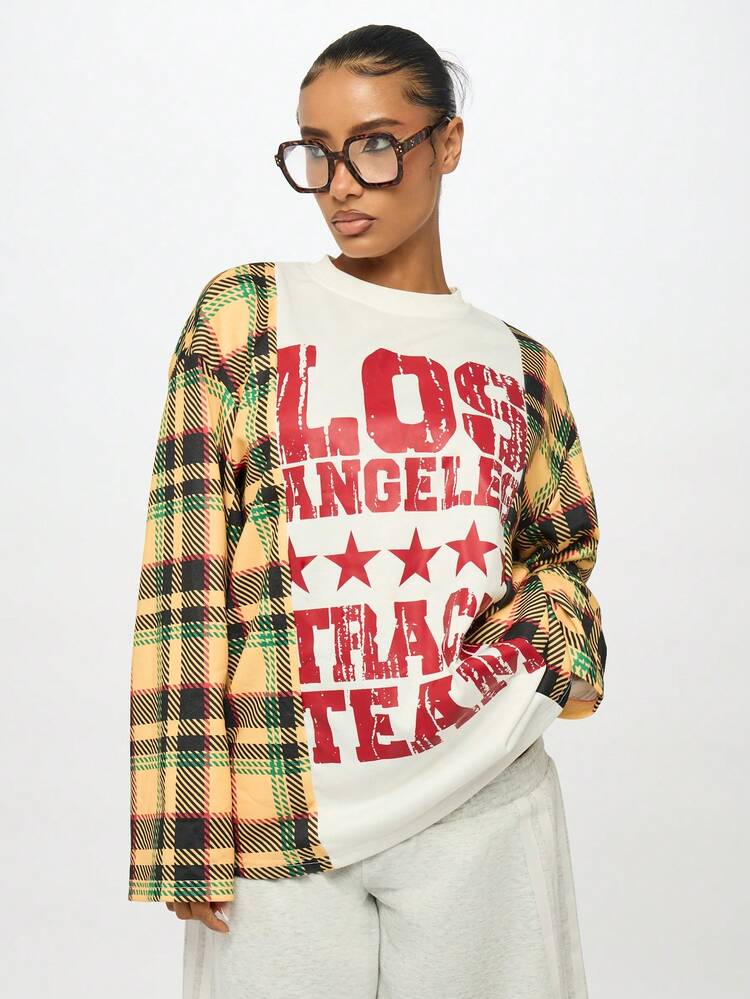 Sudadera con mangas en contraste a cuadros y estampado de texto