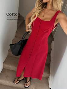 Easowa Square Neck Ruched Bust Cup High Slit Back Tie Cinched Waist A-Line Midi Dress, Sourced Cotton Fabric, Casual Vacation Elegant For Women,Summer Dresses For Women - Red - View 6