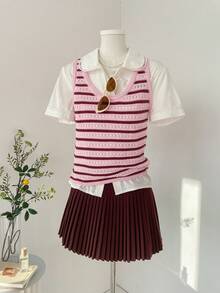SHEIN Unity Top sin mangas de punto a rayas con estilo universitario vintage, primavera/verano - Rosa - Ver 3
