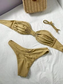 Swim Vcay 2pcs/Set Solid Color Rope Decor Bandeau Bikini Top And High Cut Bottoms Sexy Swimsuit Set, Spring/Summer - Khaki - View 1