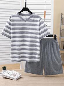 SHEIN 2 pièces/Set Top à manches courtes rayé et short ample décontracté pour garçons adolescents, pyjamas/tenue de détente d'été, confortable, pratique, polyvalent, tissu doux
