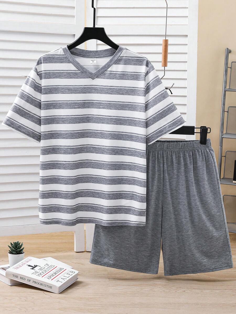 SHEIN 2 pièces/Set Top à manches courtes rayé et short ample décontracté pour garçons adolescents, pyjamas/tenue de détente d'été, confortable, pratique, polyvalent, tissu doux
