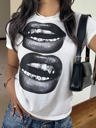 SHEIN EZwear Women's Street Casual Black & White Lip Print Round Neck Short Sleeve Slim Fit T-Shirt, Summer Tshirts Women Graphicgraphic Topswomen Graphic Tees