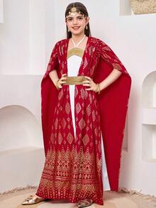 SHEIN Tween Girl Gold Foil Print Round Neck Dress - White - View 4