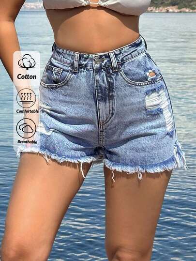SHEIN Tall 100%Cotton Blue Label Detailed Short With Destroy Jean Shorts Ripped Jean Shorts Jean Shorts Raw Hem Distressed Shorts Jean Shorts High Waisted Women