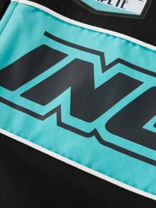 Manfinity Roghcode Manfinity Streetrush Men's Black Winter Streetwear Date Motorcycle Style Letter Print Contrast Piping Zip-Up Stand Collar Warm Padded Racing Jacket - Mint Green - View 8