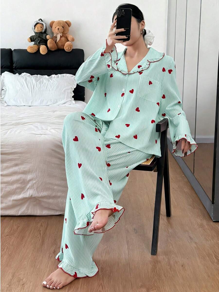 Dream Adore Bộ đồ ngủ họa tiết trái tim sọc cổ nấm cỡ lớn dành cho nữ - Nhiều màu - Xem 1