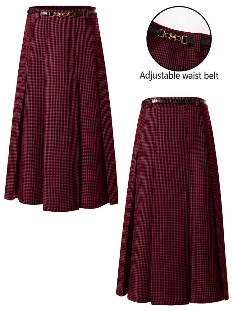 EMERY ROSE Retro Plaid Mid-Length Skirt For Women, Autumn - Red - View 2