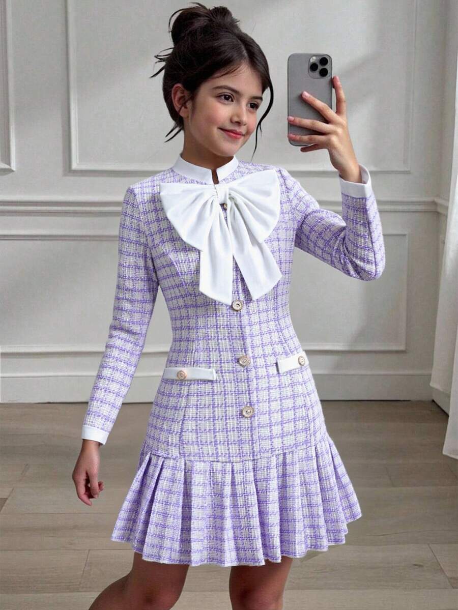 SHEIN 女童格子蝴蝶结装饰长袖连衣裙 - 紫色 - 查看 1