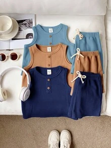 Loomiva 6pcs/Set Baby Boy Cute Casual Knit Top & Shorts Set, Basic Multi-Pack, Summer - Multicolor - View 4
