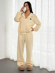 SHEIN PETITE Women's Casual Loose Zip-Up Long Sleeve Top And Pants 2 Pieces Set,Fall,Fall Clothes For Women Yellow - Light Yellow - View 7