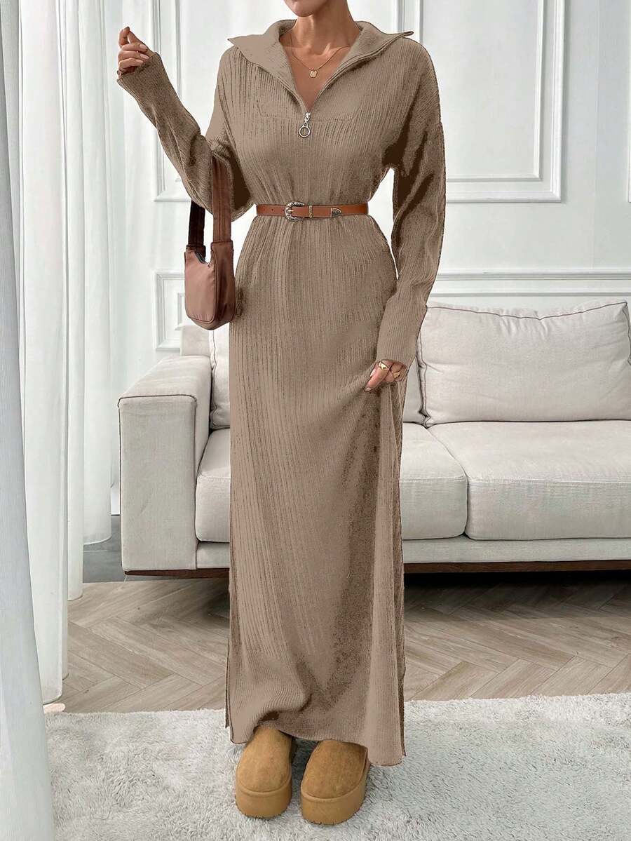 EURMUSE Long Sweater Dresses With Zipper Details,Petite - Camel - View 1