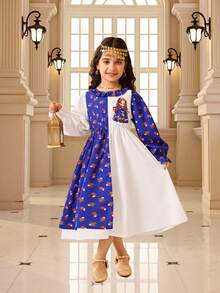 1pc Girls Ditsy Floral Blue Dress With White Long Sleeve, Fashionable, Elegant, Versatile, Retro, Suitable For Outdoor Play, Parties, Gatherings, Summer - Purple - View 5