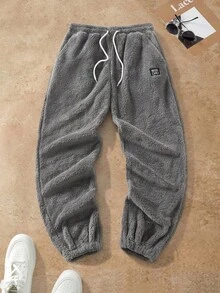 HIMLAND 男士休闲字母贴布抽绳腰带抓绒裤，秋冬款 - 淺灰色 - 查看 3