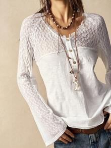Bohemela Semi-Transparent Lace And Knitted Button V-Neck Flared Long-Sleeved Slightly Stretchy Women's Top - White - View 1