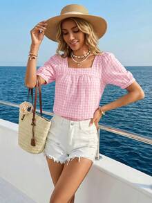 SHEIN LUNE Women's Casual Square Collar Plaid Short Sleeve Blouse, Spring/Summer - Pink - View 2