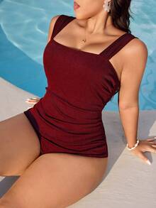 Swim Vcay Plus Size Women's Solid Color High Elasticity Ribbed Fabric Fitted One-Piece Swimsuit With High Neckline - Burgundy - View 1