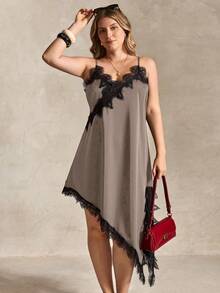 SHEIN Clasi Gaun Wanita Ukuran Besar Gaya Urban Kasual Sehari-hari dengan Hiasan Renda Asimetris di Bagian Bawah, Leher V, dan Patchwork Warna Polos - Khaki - View 4