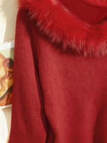 SHEIN Franclia Women's Minimalist Fashion Fur Collar Patchwork Raglan Sleeve Solid Color Knit Pullover Sweater, Autumn/Winter - Red - View 4